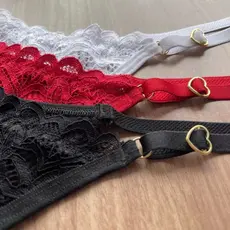 Kit Tanga Fio Dental em Renda Premium Regulagem de Coração Sensual Calcinha Forro Algodão