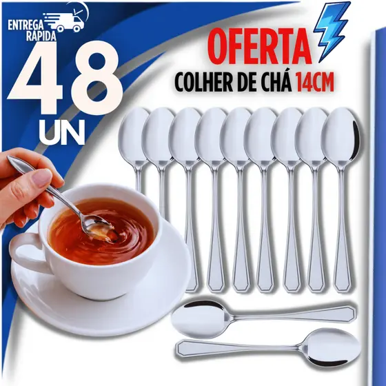 Kit 48 Colheres de Chá Inox 14cm Aço 100% Inox Resistente Ideal para  Chá e Chocolate Quente Café Utilidades