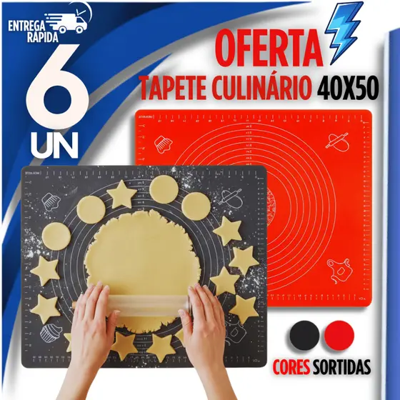 Jogo 6 Tapete De Silicone Culinário 40x50cm Antiaderente Para Abrir Massa Confeitaria Cores Sortidas Casa Cozinha