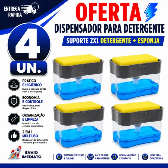PORTA DETERGENTE COM ESPONJA DISPENSER SABÃO LÍQUIDO PARA PIA MULTIUSO