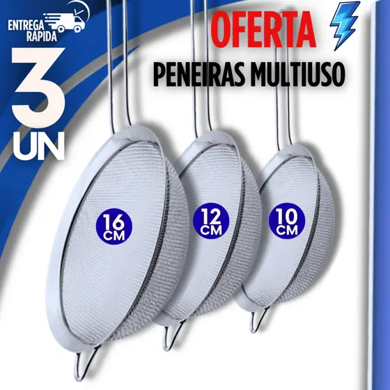 KIT 3 PENEIRAS MULTIUSO EM AÇO INOX 16CM-12CM-10CM– PREMIUM E DURÁVEIS