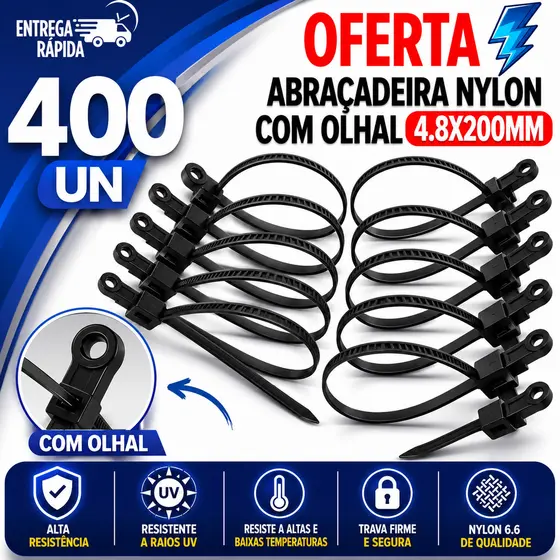 Abraçadeiras 4,8x200mm Nylon Preta com Olhal 400 Un Resistência TOP