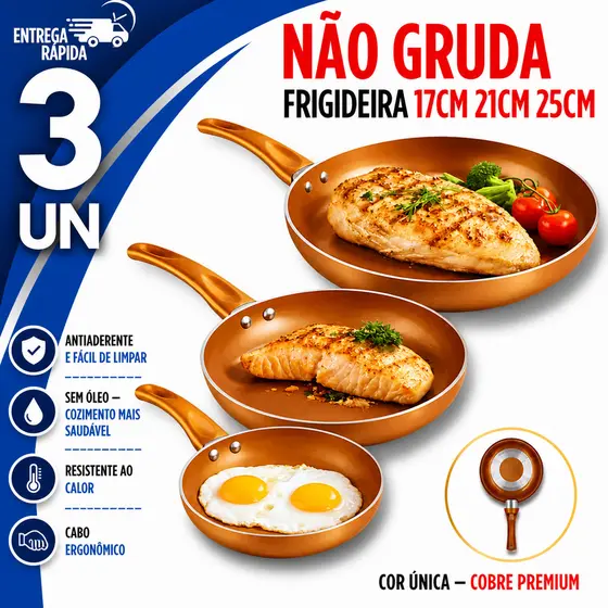 COMBO 3 FRIGIDEIRAS 17CM 21CM 25CM ANTIADERENTE ESTILO COBRE REVESTIMENTO CERÂMICO COZINHA PREMIUM