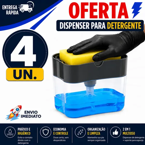 DISPENSER DE DETERGENTE PARA PIA COM PORTA ESPONJA ORGANIZADOR COZINHA