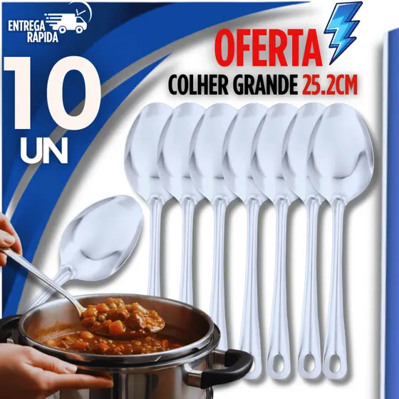 Kit 10 Colher De Arroz Grande Aço Inox 25cm Utensílio Para Servir Arroz Cozinha Lanchonete Restaurante Premium