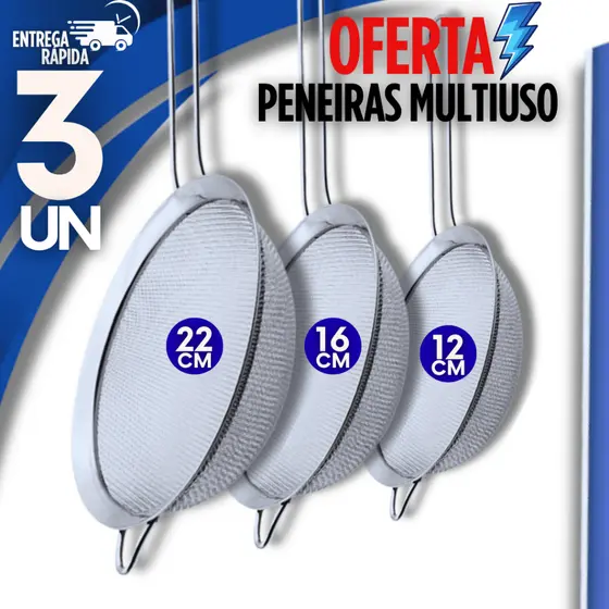 Kit 3  Peneira Inox 22cm 16cm 12cm Casa Cozinha Buffet Lanchonete Cantina Premium Resistência Durabilidade Garantida
