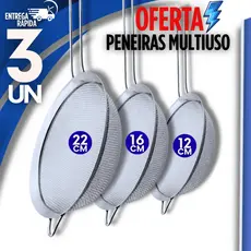 Kit 3  Peneira Inox 22cm 16cm 12cm Casa Cozinha Buffet Lanchonete Cantina Premium Resistência Durabilidade Garantida