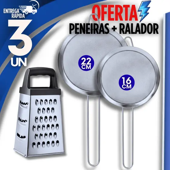 Jogo 3 Uni - 1 Ralador + 2 Peneira Inox 22cm 16cm Casa Cozinha Buffet Lanchonete Cantina Premium Praticidade