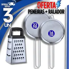 Jogo 3 Uni - 1 Ralador + 2 Peneira Inox 22cm 16cm Casa Cozinha Buffet Lanchonete Cantina Premium Praticidade