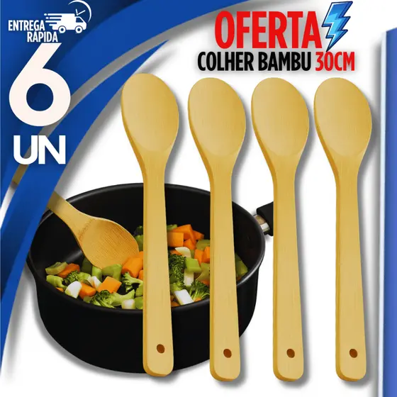 Conjunto 6 Colher De Bambu Para Cozinhar Madeira Bamboo 30cm Para Cozinha Gourmet Premium