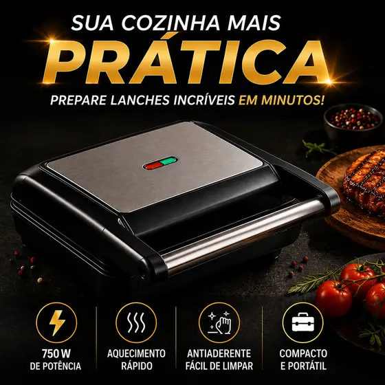 Mini Grill Grelha Sanduicheira Inox 750w Antiderrapante Alça Led Indicador