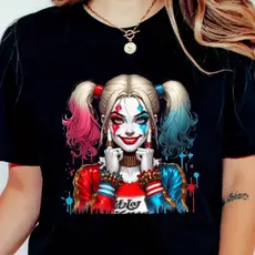 CAMISETA FEMININA ARLEQUINA,CAMISETA POP,ESTILOSA,CAMISETA CAOTICA DA DC ESTAMPADA,100% ALGODAO