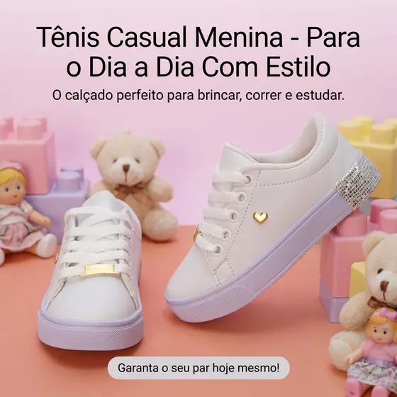 Tênis Infantil Menina Branco Casual | Confortável, Leve Com Detalhe De Coração 25 ao 36 | COMPRE JÁ!