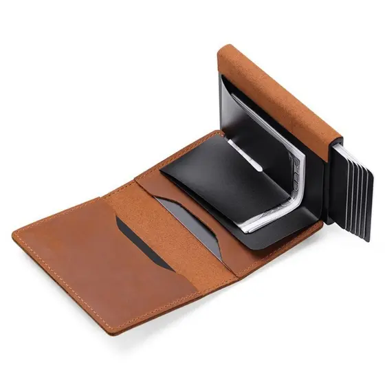 Anti-desmagnetização Carteira Masculina Ultra Fina Vertical Pequena Porta Cartão Castanho