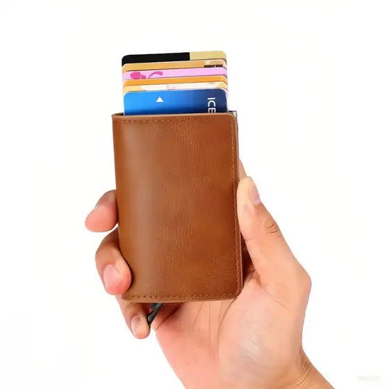 Mini Slim Alumínio Auto POP Up Carteira Para Unissex Porta Cartão De Couro PU Rfid Castanho avermelhado