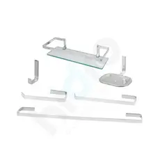 Kit Acessórios Para Banheiro 5 Peças Inox Alumínio Quadrado + Porta Shampoo Reto C/ Haste Quadrada