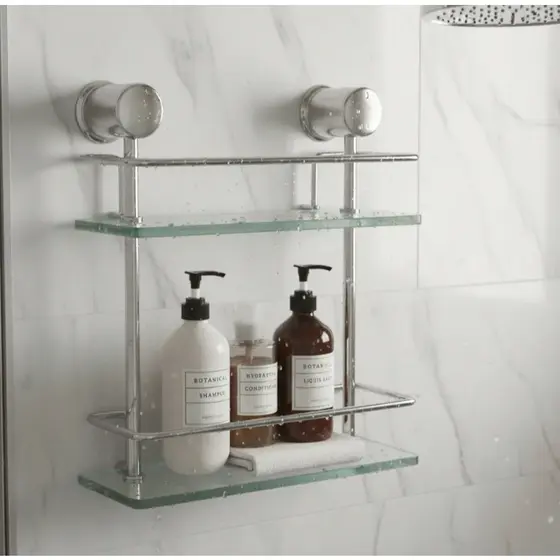 Suporte Porta Shampoo Prateleira Grade Reto Duplo 40cm Com Vidro 6mm
