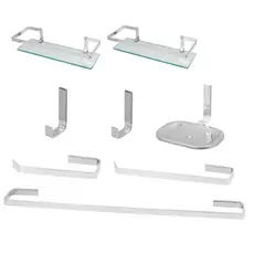 Kit Acessórios Para Banheiro 6 Pçs Inox Quadrado + 2 Porta Shampoo Reto Haste Quadrada