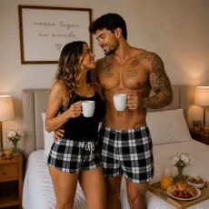 Kit Pijama Casal Baby Doll Preto Estampa Xadrez + Samba Canção Masculino
