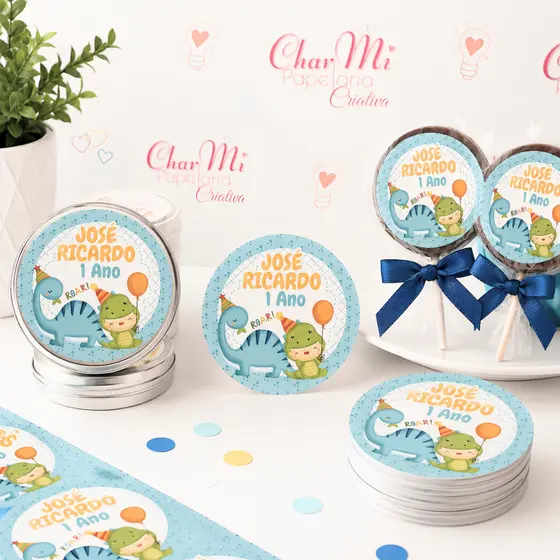 Adesivos personalizados e recortados 5x5cm Dinossauro Baby - Pirulitos - Latinhas - Caixinhas