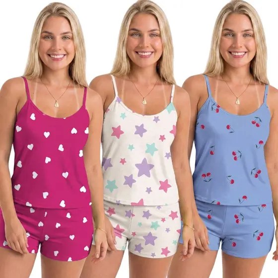 Kit 3 Conjuntos Baby Doll Short Doll Estampado Sem Bojo Original Pijama Conjunto Feminino