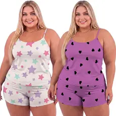 2 Conjuntos Plus Size Baby Doll Short Doll Estampado Sem Bojo Pijama Feminina Premium
