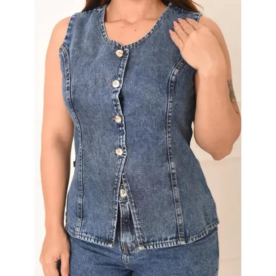 Colete Jeans Feminino Collen 100% Algodão Estilo e Qualidade Premium Verão Casual Fechamento Botões