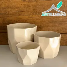 Kit conjunto 3 vasos cachepôs modernos facetados P M G para flores e plantas ideal para arranjos