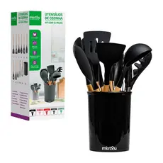 Kit 12 Utensílios De Cozinha Em Silicone E Cabo De Madeira