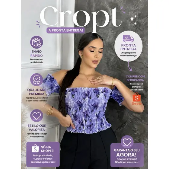 Croppeds Ciganinha Blusinha Feminina Lastex Manga Curta Ombro a Ombro