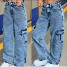 Carça jeans Cargo boa larga infantil juvenil menina marmorizada clara do 10 ao 16
