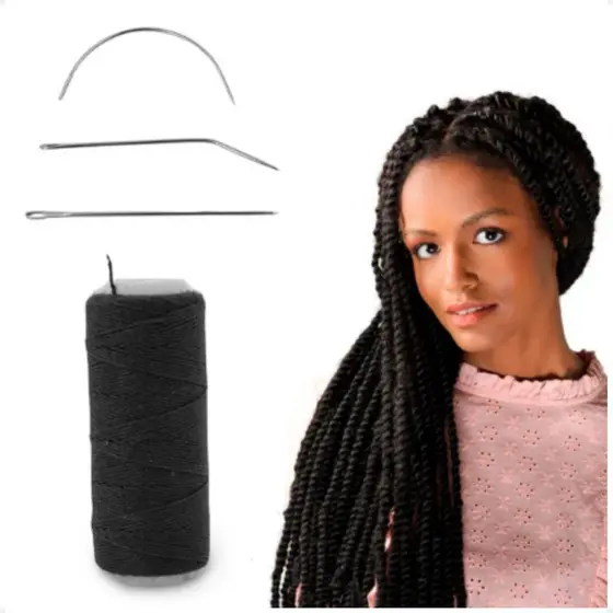 Kit 3 Agulhas + 1 Linha De Costura Para Entrelace Mega-hair