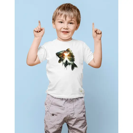 Camiseta Roupa Infantil Pesca Peixe Paisagem Estilo Vibrante Pescaria Vara de Pescador