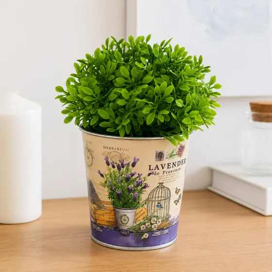 Mini Cachepô de Alumínio com Planta Artificial Pick Decorativo Estampas Variadas para Mesa e Decoração