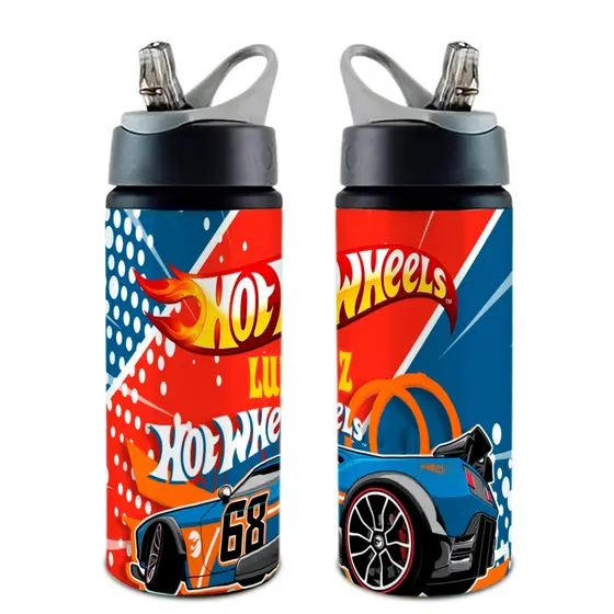 Garrafa Squeeze HotWheels COM NOME OFERTA Com Alça e Bico Retrátil 600 ML