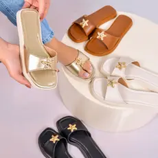 Sandália Slide Feminina Preta com Estrela Dourada ✨ Conforto Premium + Tendência Verão 2026