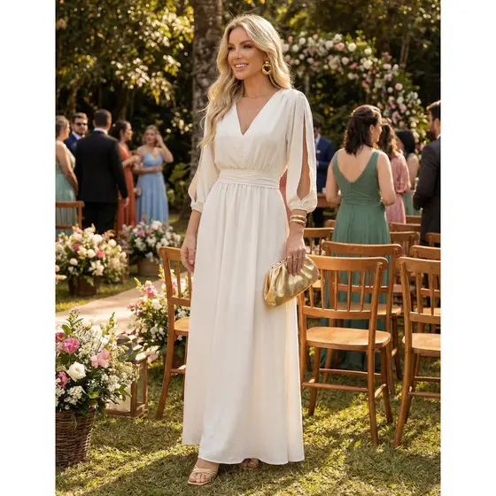 Vestido Feminino Chic Longo Fenda Drape Branco 38 ao 50 Plus Size Noivado Casamento Festa