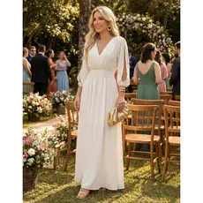Vestido Feminino Chic Longo Fenda Drape Branco 38 ao 50 Plus Size Noivado Casamento Festa