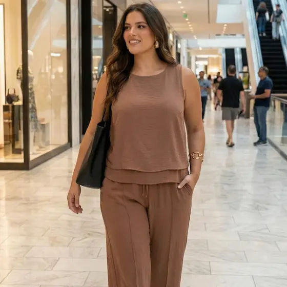 Conjunto Monocromático Social Pantalona Feminino Plus Size Com Bolso E Elástico