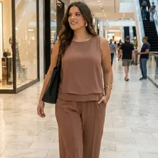 Conjunto Monocromático Social Pantalona Feminino Plus Size Com Bolso E Elástico