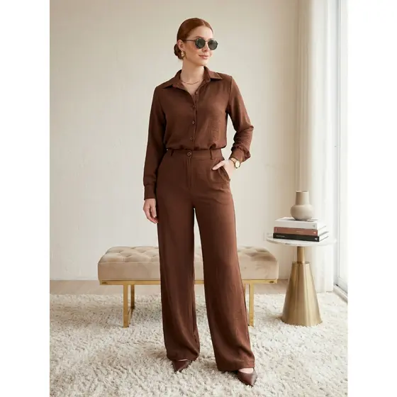 Conjunto Camisa Alfaiataria Calça Wide Leg Pantalona Social Monocromático