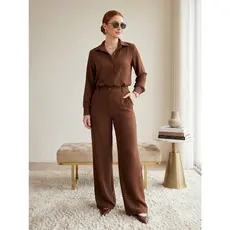 Conjunto Camisa Alfaiataria Calça Wide Leg Pantalona Social Monocromático