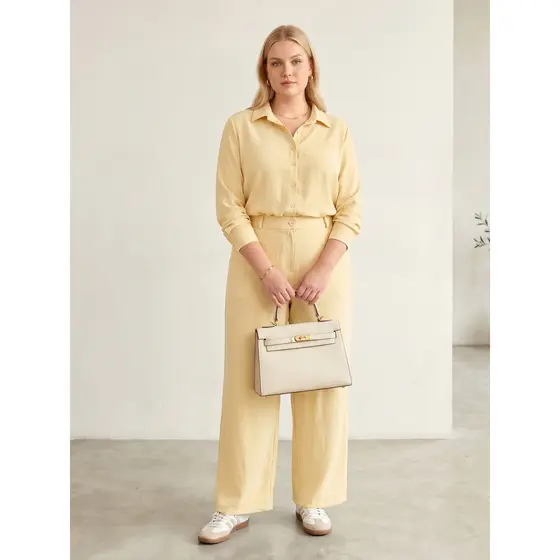 Conjunto Alfaiataria Plus Size Feminino Elegante Blusa Camisa Social e Calça Cintura Alta Wide Leg
