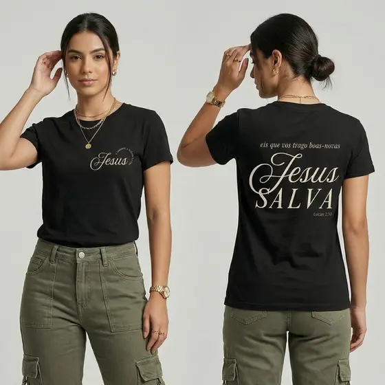 Camiseta Cristã Feminina 38 ao 52 Jesus Salva T-shirt Gospel Minimalista 100% Algodão Lucas 2:10