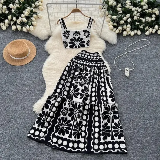 Vintage Impresso Conjunto De Duas Peças Feminino Floral Curto Colheita Topo + Cintura Alta A Linha Saia Longa Elegante T