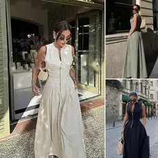 Mulheres Sem Mangas Gola Frontal Zip Maxi Vestido Plissado Cintura Bolso Elegante Casual