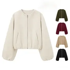 Primavera Outono Moda Feminina Jaqueta De Lã Casual Manga Longa Zíper Curta Streetwear