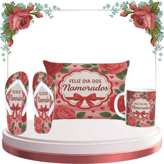 Kit Presente Criativo Dia dos Namorados Casal Caneca Almofada Chinelo Personalizado Datas Especiais