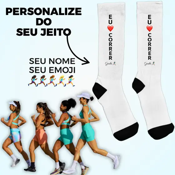 Meia Personalizada Estilosa Esportiva Eu Amo Correr Presente Criativo Corrida Treino Caminhada Nome