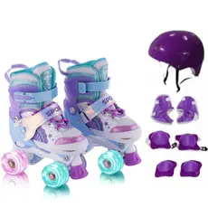 Patins Infantil De 4 Rodas Meninas Com Freios Com Led + Kit Proteção Criancas